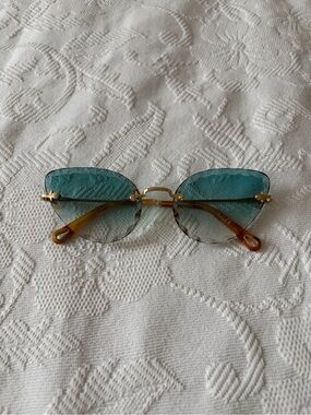 Chloe Gold Frame Teal Gradient Rimless Sunglasses with Tortoiseshell Temples